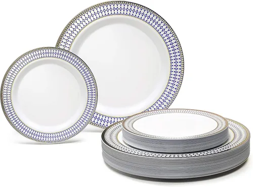 Vista 20 de OCASIONES" Paquete de 50 platos (25 invitados) - Juego de platos de plástico desechables pesados para fiestas de boda - 25 x 10.5'' cena + 25 x