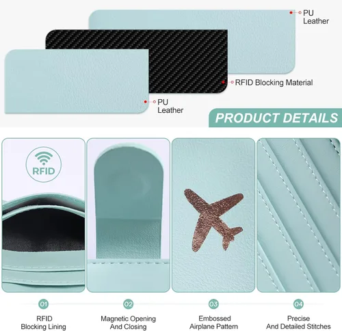 Vista 5 de Foreate Cartera para pasaporte con cremallera, cartera de viaje con ventana de identificación, funda de pasaporte, tarjetero con bloqueo RFID, Verde