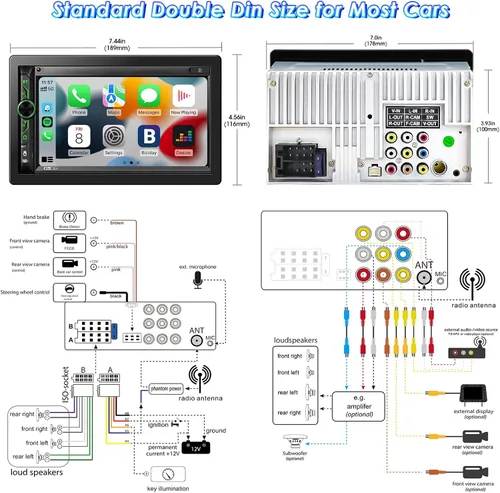 Vista 7 de Sistema multimedia CarPlay de doble DIN: Receptor estéreo de coche con pantalla táctil de 7 pulgadas - Bluetooth Android Auto Radio para automóvil