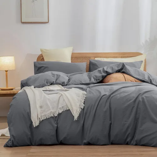 Vista 58 de BESTOUCH Juego de funda de edredón 100 % algodón lavado, tacto súper suave, cómodo, elegante, ligero, juego de ropa de cama de 2 piezas, color gris