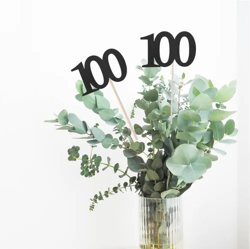 Vista 3 de Paquete de 10 palitos de centro de mesa de aniversario con purpurina de doble cara para cumpleaños número 100, decoración de mesa para cumpleaños