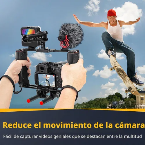 Vista 3 de Zeadio Kit de aparejo de video todo en uno, jaula de cámara de mano de aluminio con luz de video RGB, micrófono, mango superior, guía de varilla