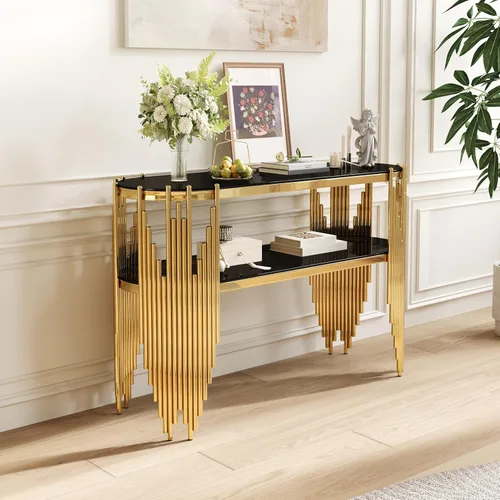 Vista 10 de Mesa auxiliar redonda de vidrio de 20 pulgadas, mesa auxiliar circular dorada de 2 niveles con patas de acero inoxidable y vidrio templado negro