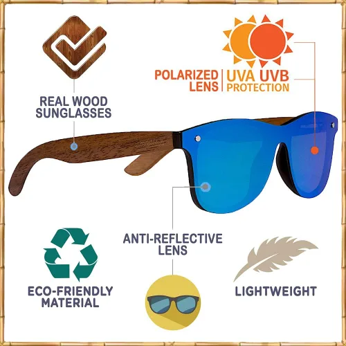 Vista 6 de Woodies Oversize Flat Lens Mirrored Walnut Wood Polarized Sunglasses for Men and Women 100% UVAUVB Protection