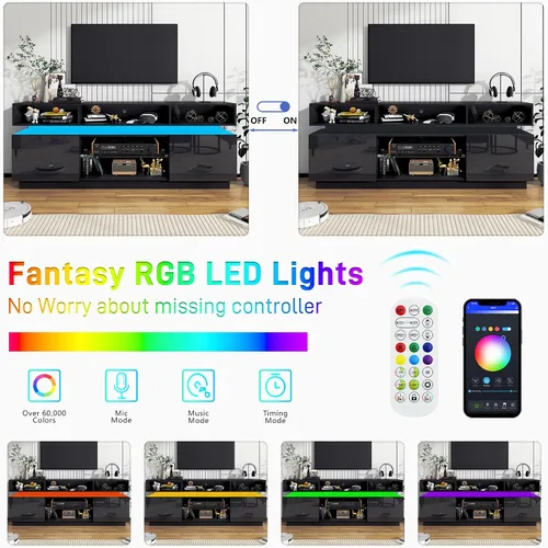 Vista 4 de chartustriable Soporte de TV LED para TV de 80 pulgadas, centro de entretenimiento alto moderno con tomas de corriente, soporte de TV de alto