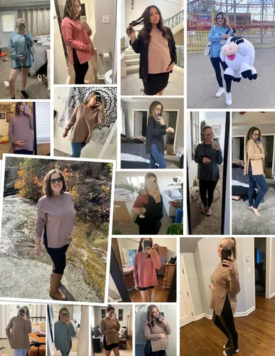 Vista 5 de Ekouaer Camisas de maternidad para mujer, manga larga, con abertura lateral, camiseta de embarazo, blusa tipo túnica, ropa casual para mamá