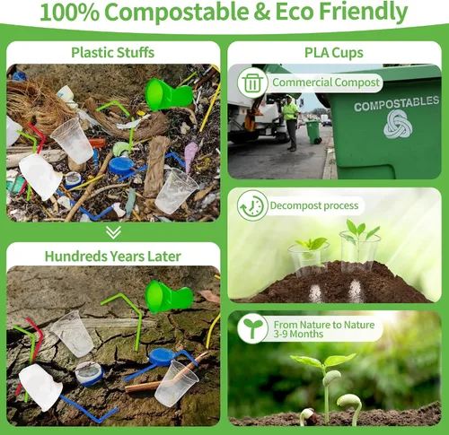 Vista 2 de Tazas de café helado desechables de plástico transparente compostable de 12 onzas con tapas planas, tazas biodegradables para beber frío para llevar