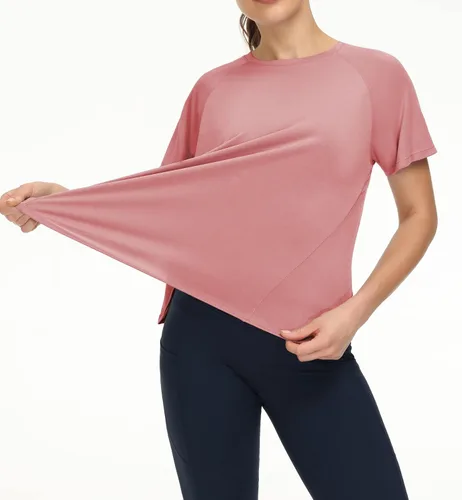 Vista 4 de THE GYM PEOPLE Camisetas de entrenamiento de manga corta para mujer, camisetas de yoga transpirables con aberturas laterales