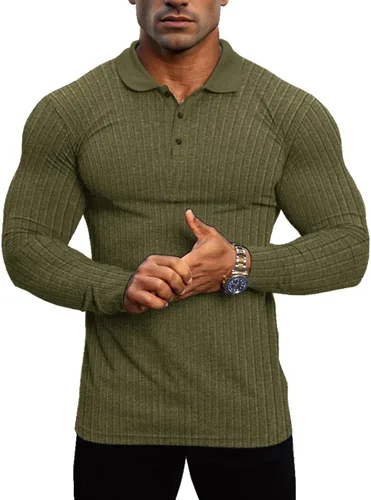 Vista 6 de Lehmanlin Men's Long Sleeve Polo Shirt Muscle Fit Cotton Top A-negro/Largo