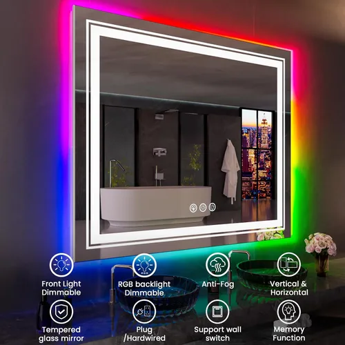 Vista 2 de Snowdool - Espejo LED para baño de 36 x 36 pulgadas con 8 luces RGB retroiluminadas + 3 luces frontales (ajustables individualmente), espejo de 3