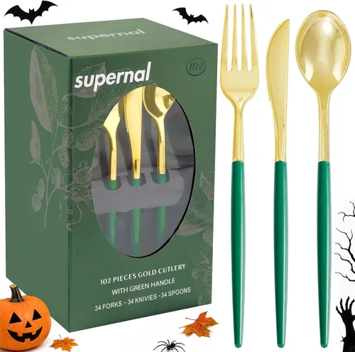 Vista 13 de Supernal 102 cubiertos de plástico dorados, cubiertos dorados con mango negro, colección de cubiertos desechables, incluye 34 tenedores de plástico