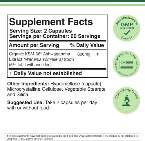 Vista 2 de Double Wood Supplements Ashwagandha KSM 66 Extracto orgánico y clínicamente estudiado (600 mg por porción, 120 cápsulas, 60 porciones) Administrador