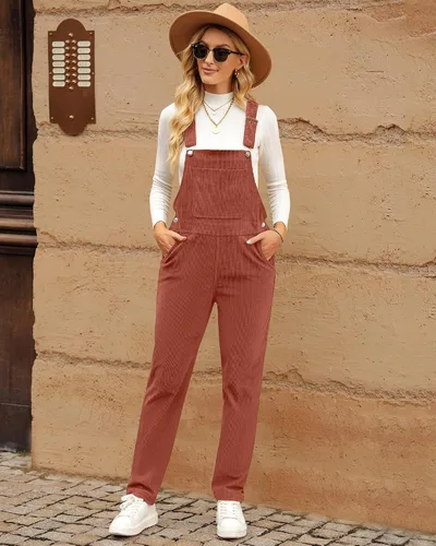 Vista 3 de LookbookStore Overol de pana para mujer, con tirantes ajustables, overol de moda con bolsillo