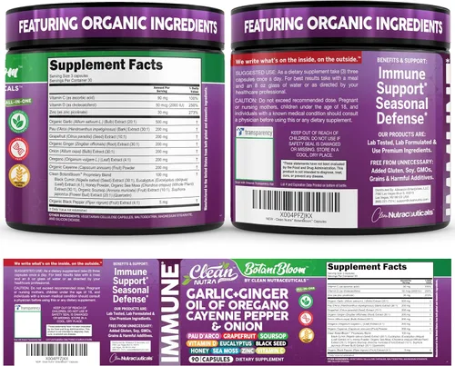 Vista 9 de Clean Nutra Aceite de Ajo y Jengibre de Orégano Pimienta Cayena Pomelo Guanábana Comino Negro Musgo Marino Pimienta Negra Vitamina C y Zinc VIT C