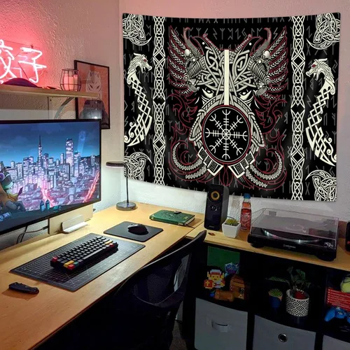 Vista 4 de Ptrxobj Tapiz nórdico vikingo, fresco dragón fénix tapiz colgante de pared para hombres dormitorio, mitología noruega retro pagana celta negro