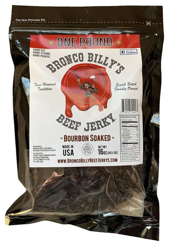 Vista 16 de Bolsa resellable de media libra de carne de res con sabor a bourbon Bronco Billy's Beef Jerky