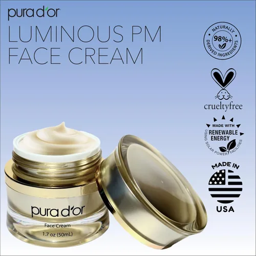 Vista 5 de PURA D'OR Crema facial luminosa PM de 1.7 onzas, azul de metileno, colágeno marino, retinol, péptidos, extracto de células madre de manzana