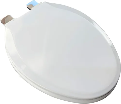 Vista 6 de 1Q1R7-00CH Asiento de inodoro de madera moldeada prémium con bisagra de cierre lento de metal, redondo, color blanco con cromo