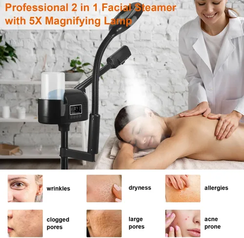 Vista 5 de Vaporizador facial profesional con lámpara de aumento 5X, vaporizador facial 2 en 1, calefacción PTC, vaporizador esteticista, vaporizador facial
