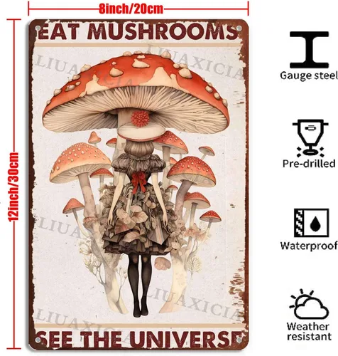 Vista 6 de Letrero retro de hojalata con texto en inglés "Eat Mushrooms See The Universe for Kitchen Bar Garage Decor 8.00"x12.00