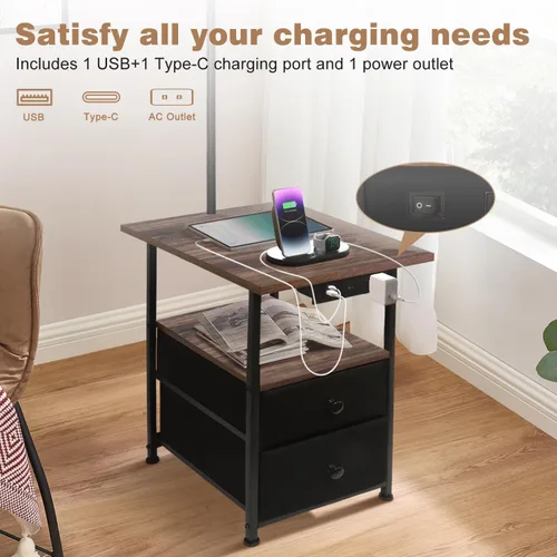 Vista 3 de PESRAE Lámpara de pie con mesa y 2 cajones, mesa auxiliar con luz de lectura de 3 temperaturas de color, lámpara de mesa lateral con USB y puertos
