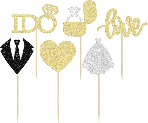 Vista 3 de 24 adornos para cupcakes de boda con texto en inglés «Love I Do» para decorar cupcakes, anillo de corazón, decoración para despedidas de soltera