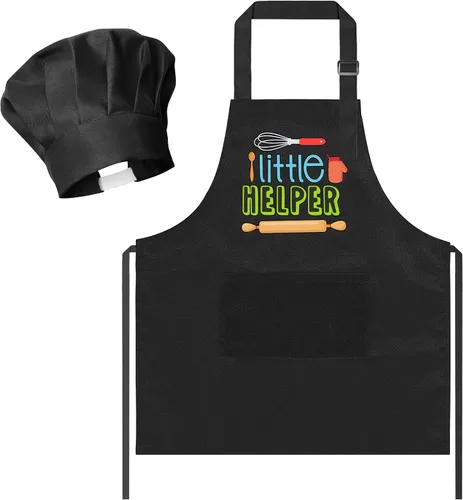 Vista 37 de R HORSE Juego de delantal y sombrero de chef para niños, 2 piezas, mini parrilla ajustable, delantal de cocina para niños, juego de rol, juguete