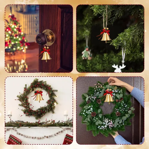 Vista 7 de Campanas Doradas de Navidad, 12 piezas Cascabeles de Metal Dorado de 2.4 pulgadas con Lazo Rojo y Adorno Colgante de Árbol de Bayas, Cascabel