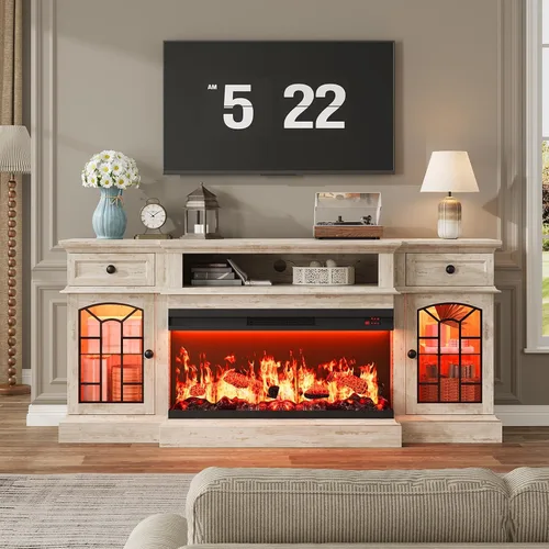Vista 4 de QUW - Soporte de TV con chimenea estilo granja de 70 pulgadas para televisores de hasta 80 pulgadas, centro de entretenimiento con chimenea