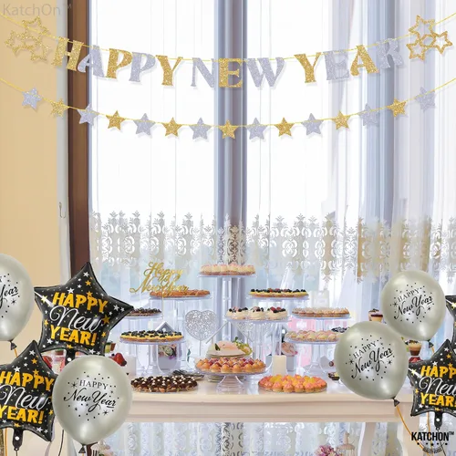 Vista 5 de KatchOn, Cartel de feliz año nuevo con purpurina – 10 pies, sin bricolaje Suministros de fiesta NYE 2026 para decoraciones de feliz año nuevo 2026