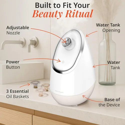 Vista 4 de Vanity Planet Aira - Vaporizador facial iónico (beige) – Limpiador de poros que desintoxica, limpia e hidrata – Boquilla ajustable, tanque de agua