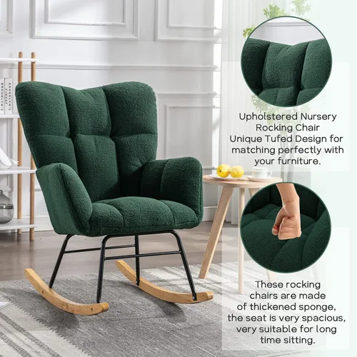 Vista 2 de Silla mecedora moderna para cuarto de bebé, silla deslizadora tapizada con respaldo alto, sillón de acento mecedor con patas de madera maciza