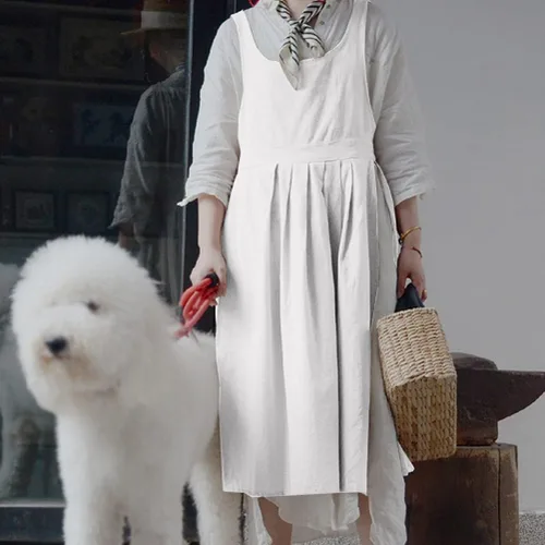 Vista 6 de Vestido estilo pinafore de algodón con cuello en V y cuello en V para mujeres y niñas