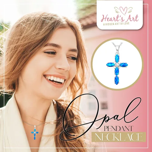 Vista 6 de Heart's Art - Colgante de ópalo de fuego en forma de cruz clásica, cadena ajustable de plata de ley de 45 a 19.7 in, collar de cruz de ópalo