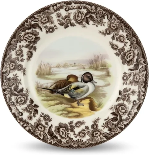 Vista 23 de Spode Woodland Bass Plato de Ensalada - 8" Loza Fina, Hecho en Inglaterra, Diseño de Pez de Caza con Borde de Flores Británicas para Ensaladas