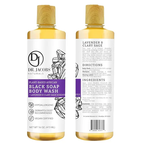 Vista 2 de Dr Jacobs Naturals Auténtico jabón líquido negro africano con aroma a lavanda y salvia, lavado facial todo en uno, lavado corporal para piel