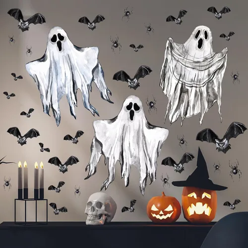 Vista 14 de Decoración de pared de Halloween, calcomanías de Halloween 3D para ventana falsa, despegar y pegar, calabazas, esqueleto, murales artísticos