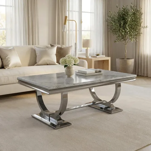 Vista 7 de Asday Mesa de centro plateada, mesa rectangular gris para sala de estar con base en U de metal espejo plateado, mesa de centro para sala de estar