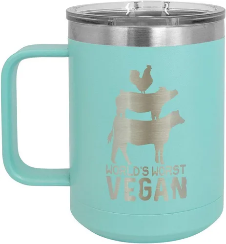 Vista 11 de Worlds Worst - Taza de café vegana negra de 15 onzas con tapa superior deslizante, taza de café de viaje aislada Idea de regalo para barbacoa