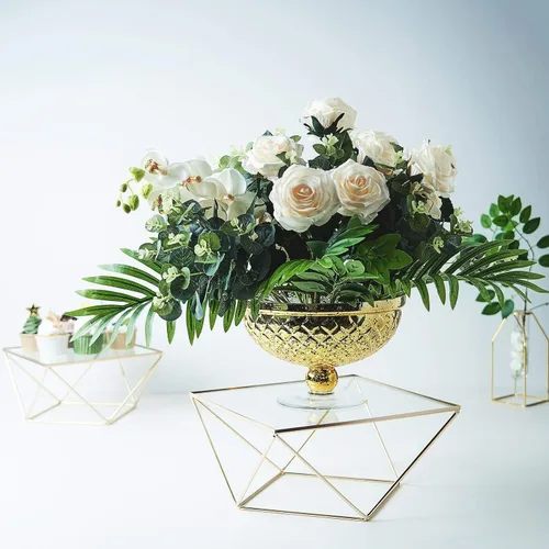 Vista 3 de Soporte geométrico para tartas, elevador dorado para tartas con parte superior de cristal (dorado, 10 pulgadas)