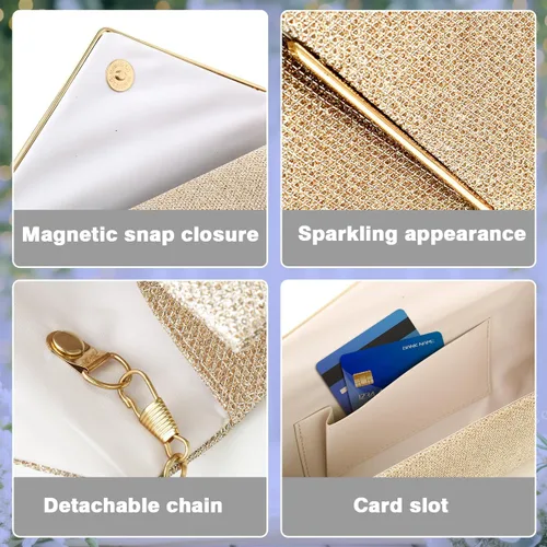 Vista 5 de Bolsos de mano para mujer, Bolso de sobre de noche con cadena desmontable, elegancia brillante