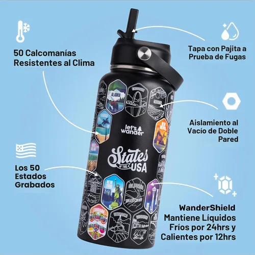 Vista 3 de LET'S WANDER Lets Wander 50 States - Botella de agua con calcomanías impermeables, acero inoxidable aislado a prueba de fugas de 32 onzas
