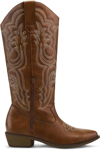 Vista 8 de mysoft Botas vaqueras para mujer de media pantorrilla bordadas estilo occidental de punta puntiaguda con tacón grueso tipo pull-on hasta la rodilla