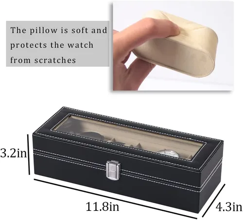 Vista 5 de Long Men Estuche organizador de relojes para hombre, caja de almacenamiento de viaje para mujer, 6 ranuras de cuero sintético para relojes, soporte
