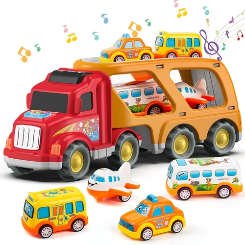 Vista 10 de Veslier Juguetes de camión de construcción 9 en 1 para edades de 3, 4, 5, 6 años, vehículos con sonidos y luces en camión transportador, juguetes