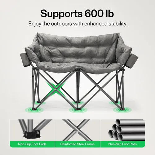 Vista 3 de VIVOSUN Double Camping Chair, Fully Padded Folding Loveseat, Oversized Duo Chair with Cup & Wine Glass Holders, Pocket, Armrests & Carry Bag