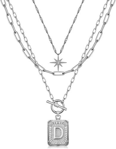 Vista 19 de MJartoria Collares con iniciales en capas para mujer, modernos, chapados en oro de 14 quilates, cadena de papel, collar sencillo con dije de Dorado