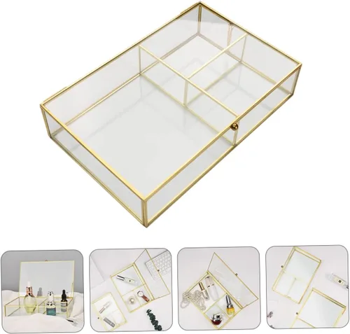 Vista 5 de Homoyoyo Caja de cosméticos de vidrio de escritorio con tapa, organizador de joyas para lápices labiales, pulseras y almacenamiento de maquillaje
