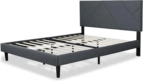 Vista 4 de Moderna base de cama tapizada de lino con cabecera capitoné, soporte de listones de madera, base de colchón, no necesita somier, marco de cama