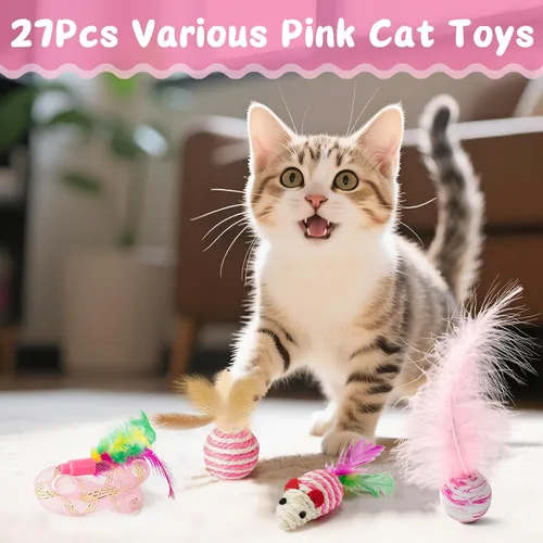 Vista 6 de MALLMALL6 Juego de juguetes interactivos para gatos, paquete de 27 piezas, paquete de 27 piezas, plumas rosadas, varita, resortes, ratones, sisal
